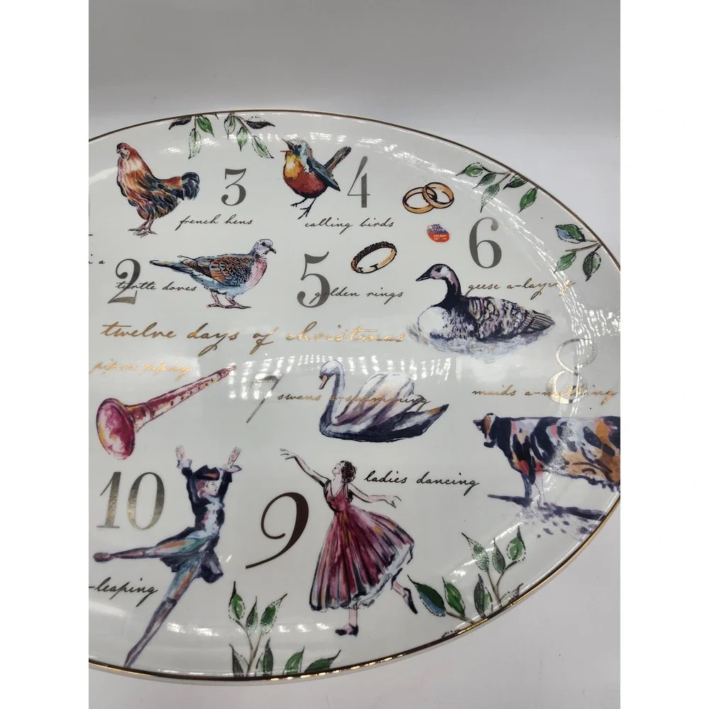 Twelve Days of Christmas Oval Serving Platter Holiday Ceramic Gold Rim White